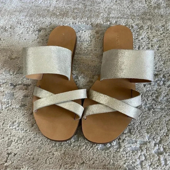 J. Crew Metallic Shimmer Gold Bali Glitter Leather Sandals Slides Flip Flops: 9 - Picture 4 of 9